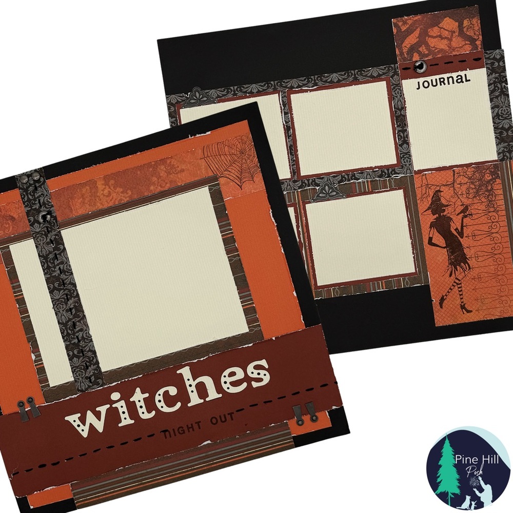Scrapbook Pages Halloween Witches Night Out Set of 2 12 x 12 Handmade Stitched